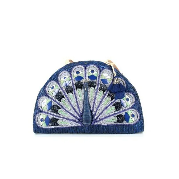 Kate Spade Womens Blue Full Plume Embroidered Straw Peacock Clutch Handbag - Picture 2 of 8